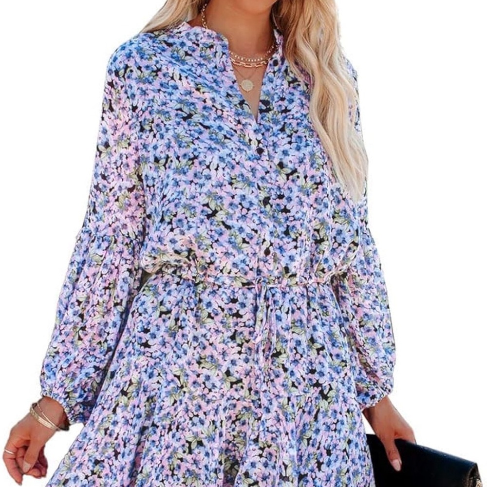 L Women V neck Long Sleeve Flower Print A-Line Big Hem Midi Summer Dress